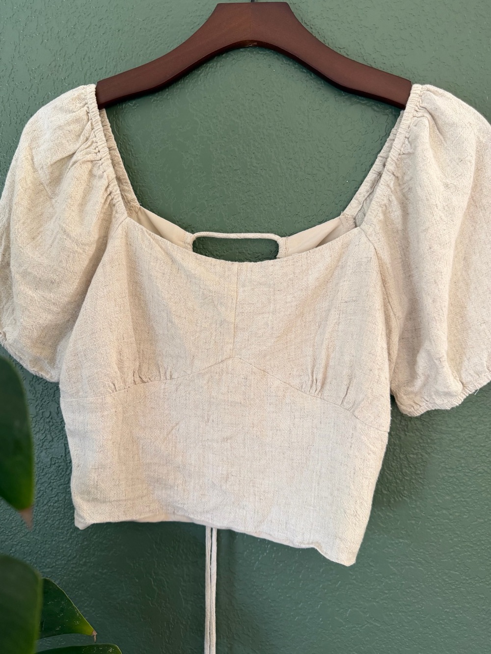 Oatmeal Linen Blend Puff Sleeve Tie Back Top